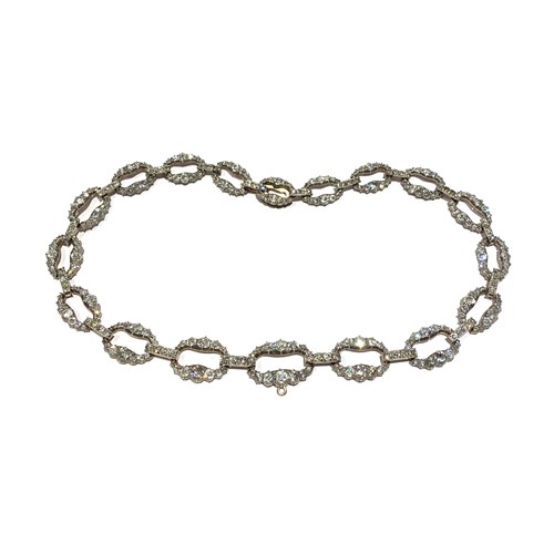 Antique diamond link necklace of 18 oval sections, one as clasp, gold and silver set